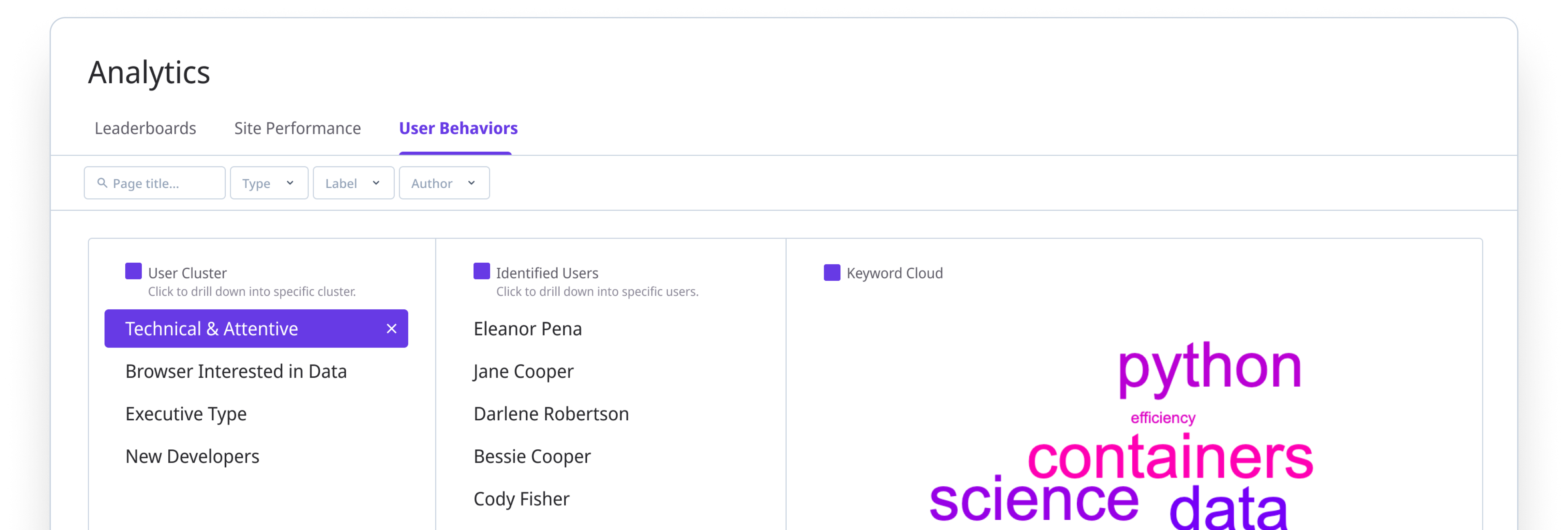 A screenshot of a computer screen displaying a list of people, including a woman named Darlene, and a list of topics such as Python, Containers, Science Data, and others.