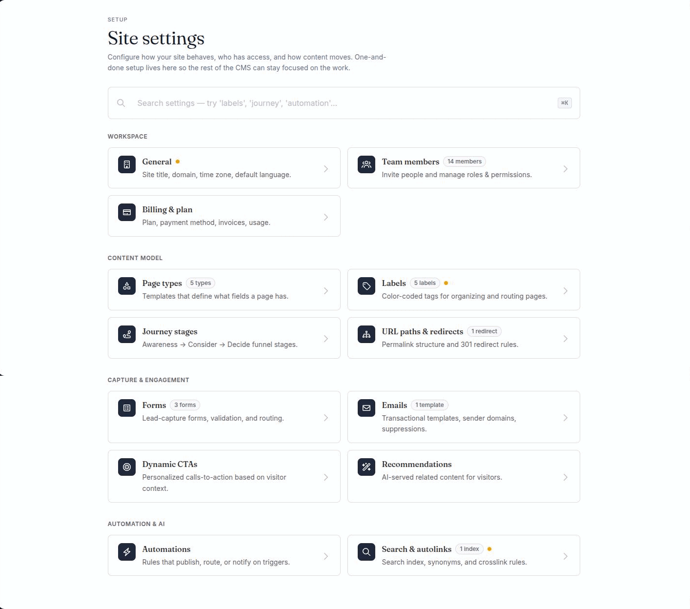The Settings landing screen: a Setup eyebrow, a Site settings heading, a search field and four groups of cards