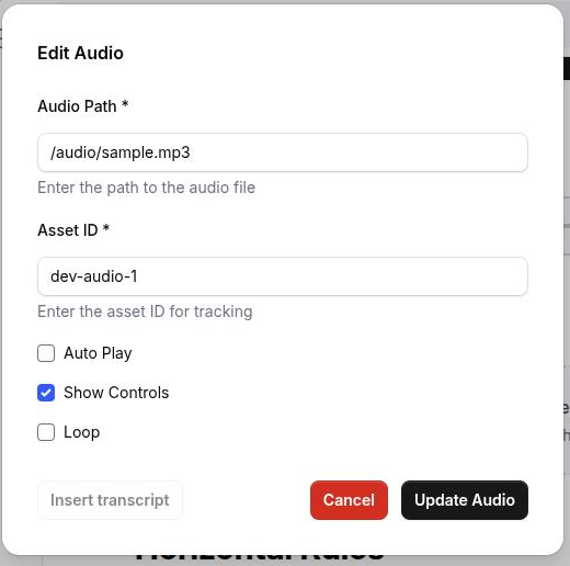 The audio block settings with the controls and autoplay toggles and the linked asset name