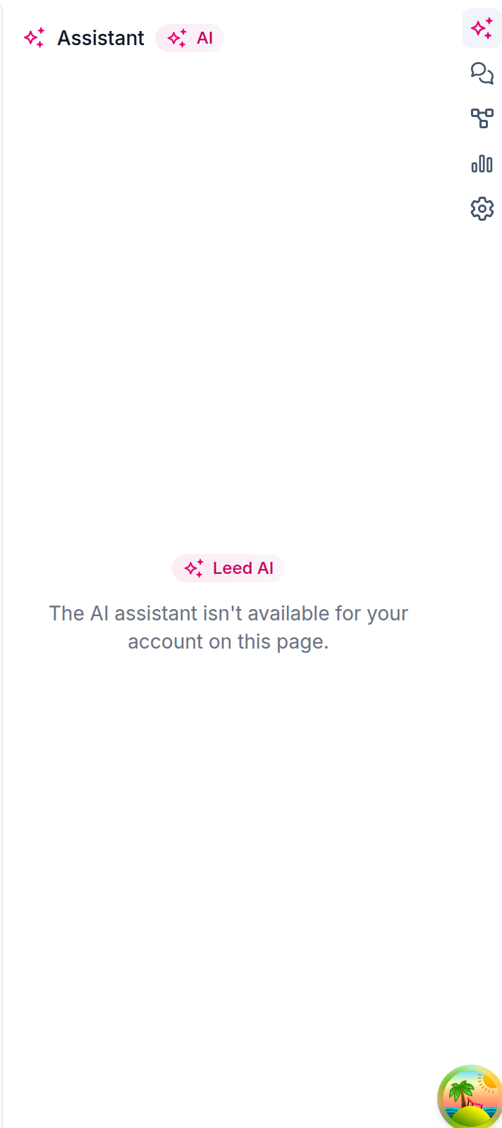 The page editor's right rail on the AI tab, signed in as a Content Writer, showing the Leed AI badge above the empty-state sentence with no composer and no upgrade prompt