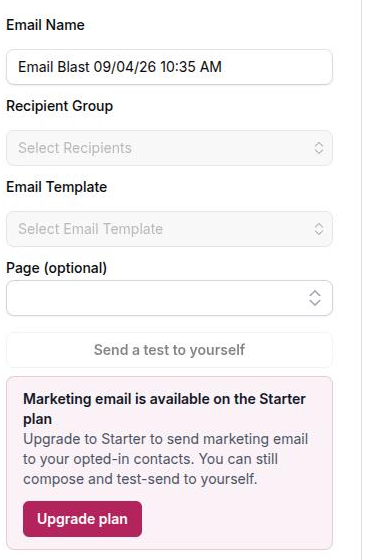 The composer on a Free workspace, with the marketing-email upgrade banner where the Send button would be