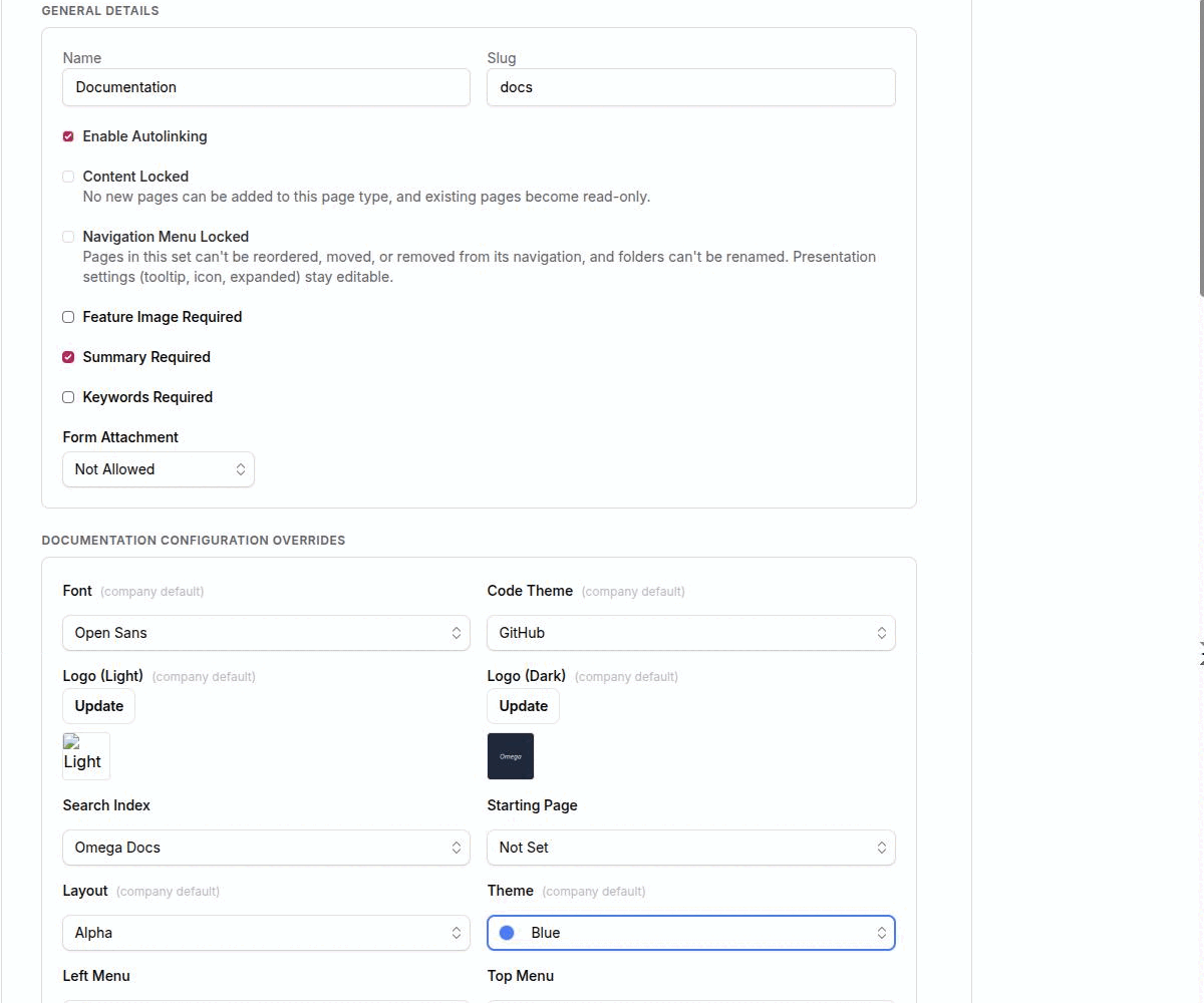 An expanded documentation page type panel showing the General Details card and the Documentation Configuration Overrides card, with company-default annotations and a bound Left Menu