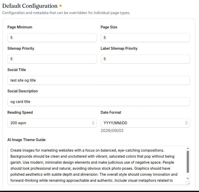 The Default Configuration block with all nine fields populated and the live date preview under the Date Format select