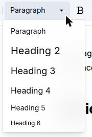 The block-type dropdown open, listing Paragraph and Heading 2 to 6