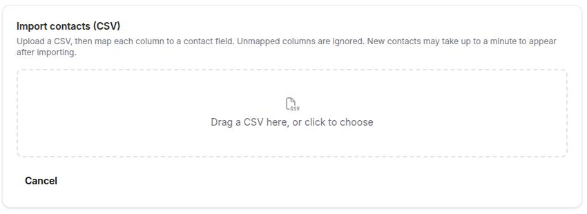The contact importer's first step, with the heading and the dashed drop zone