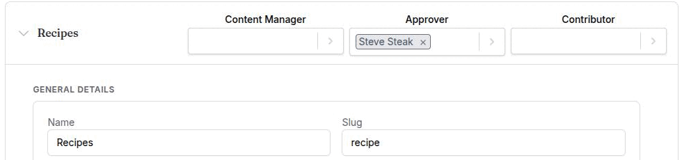Settings → Page Types with a page type expanded, showing the same three access pickers inside the page type's detail panel