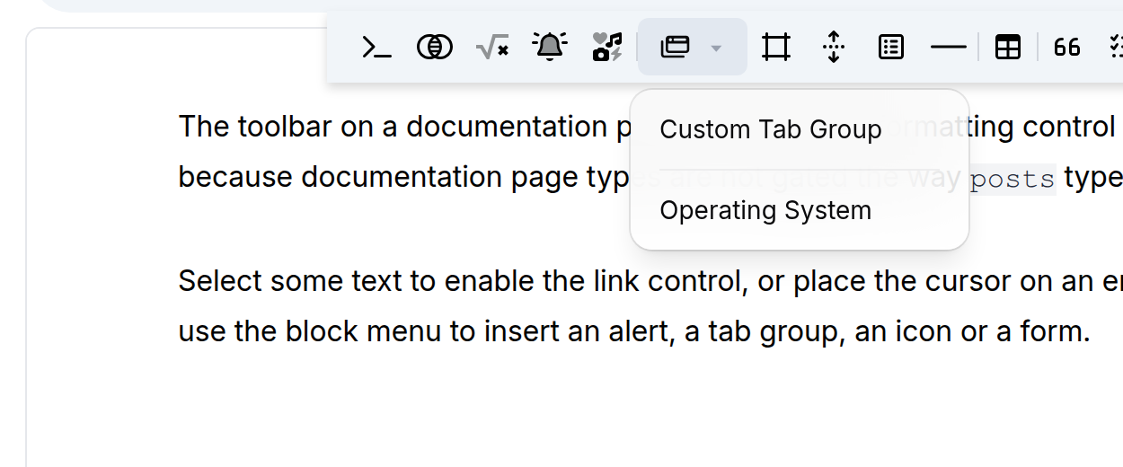 The Tab Group toolbar control with its menu open, showing Custom Tab Group above the workspace's predefined groups