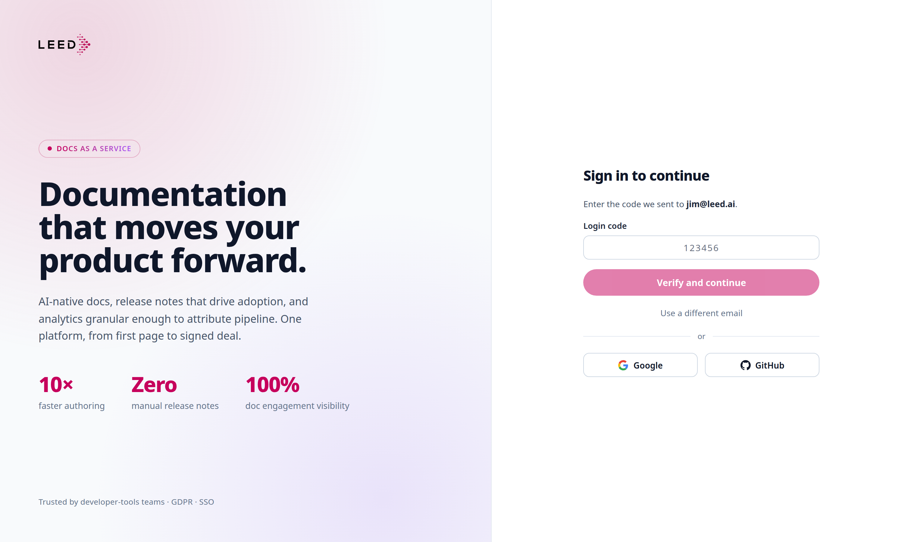 The sign-in screen on its code-entry step, headed "Sign in to continue"