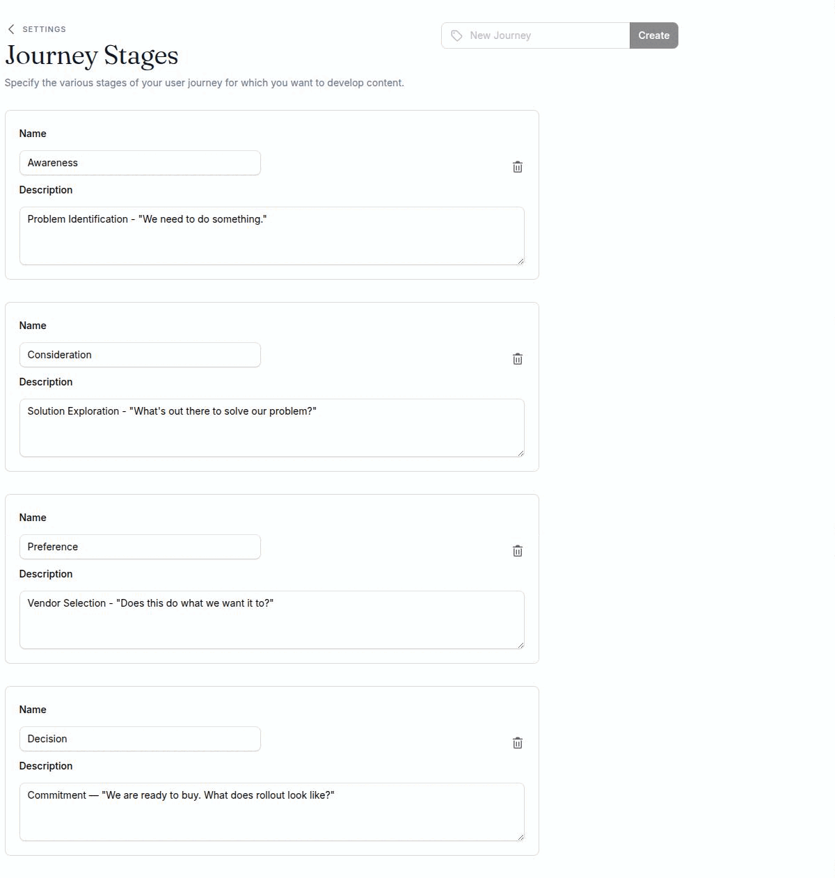 The Journey stages settings screen with four stages, each showing its Name field and Description textarea, and a delete icon on one card