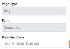 The page editor's right rail on the Settings tab, showing the Form dropdown with Contact Us selected, immediately above the date field