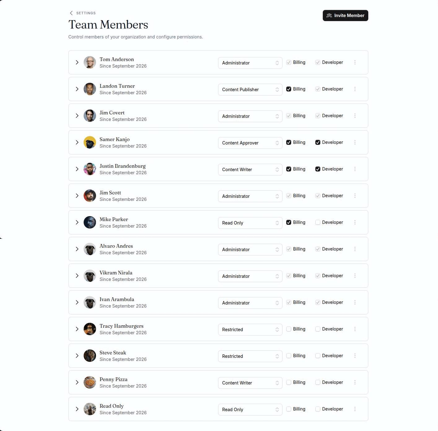 Settings → Team Members with four member rows