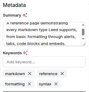 The Metadata section with a written summary and four keyword chips, each label carrying its sparkle button