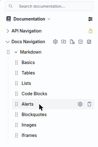 A documentation menu open in the Design workspace, its tree expanded across two folders, with one row hovered to show its Edit settings and Delete buttons