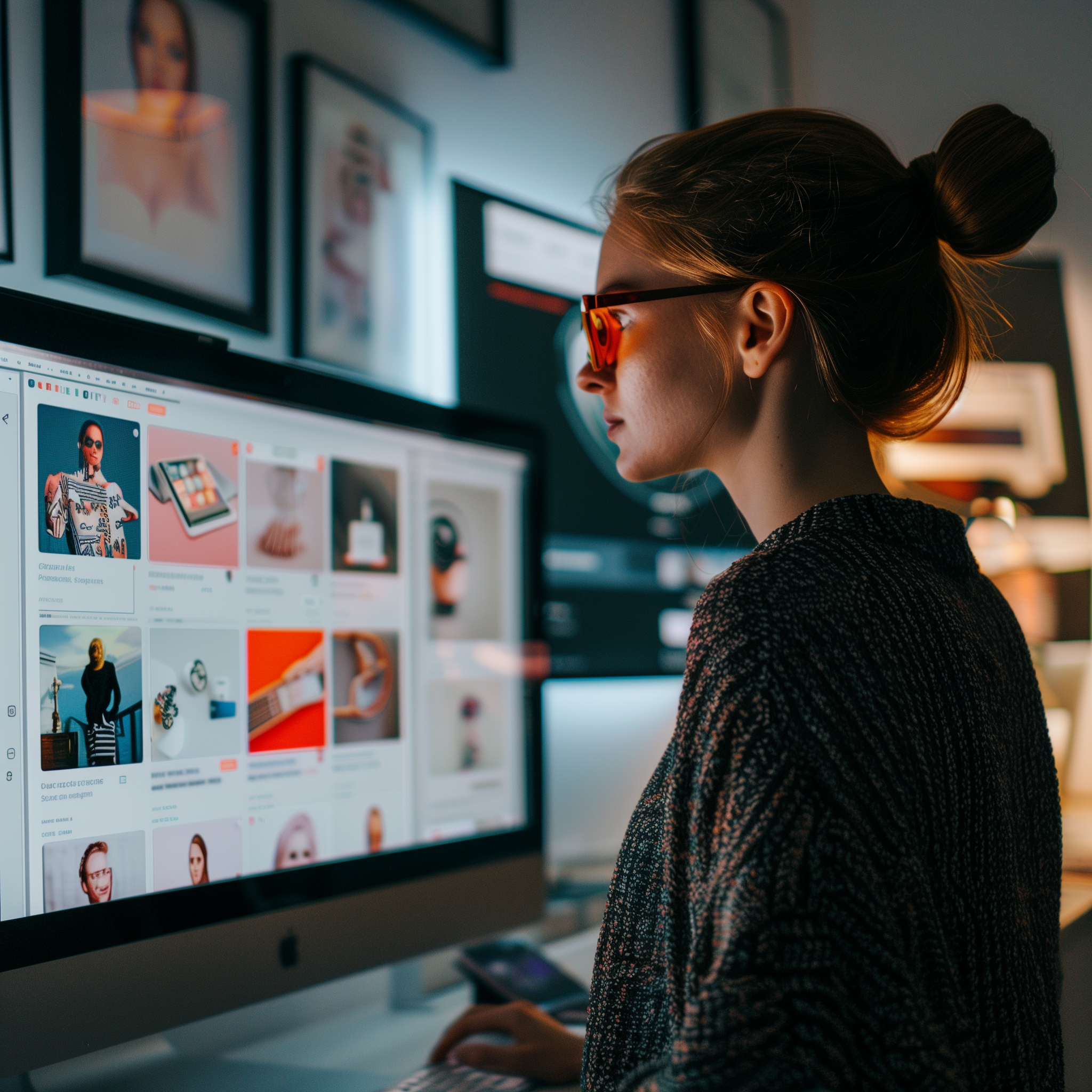 A woman wearing glasses is sitting in front of a computer monitor, which displays a variety of images. She appears to be working or browsing the content on the screen.