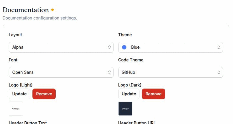 Settings → General with the Documentation section expanded, showing the Layout, Theme, Font and Code Theme dropdowns alongside the light and dark logo upload slots