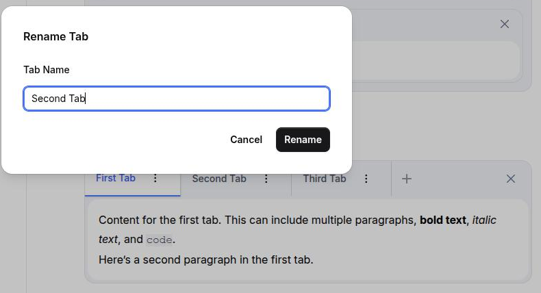 A tab block's per-tab settings in the editor, with the label field and the group binding, over the rendered tab strip