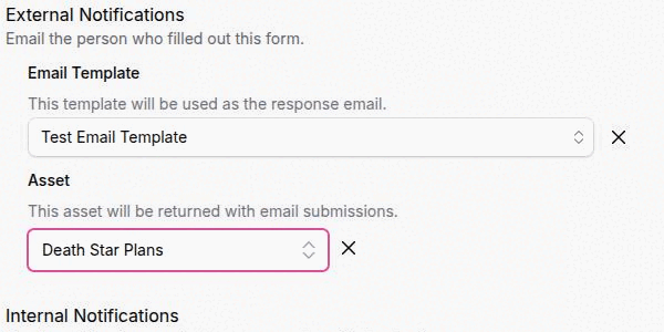 The External Notifications block of a form's Notification Settings, with an email template selected in the Email Template listbox and a document chosen in the Asset combobox