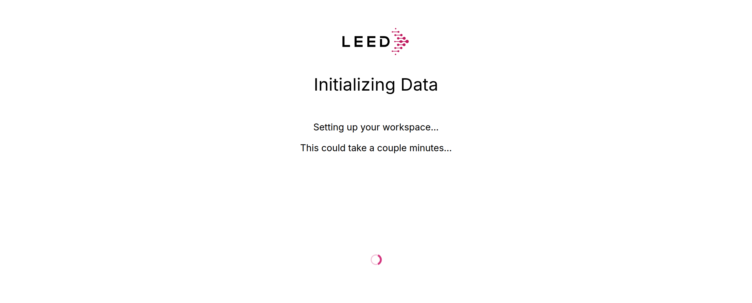 The Initializing Data screen showing the status Setting up your workspace
