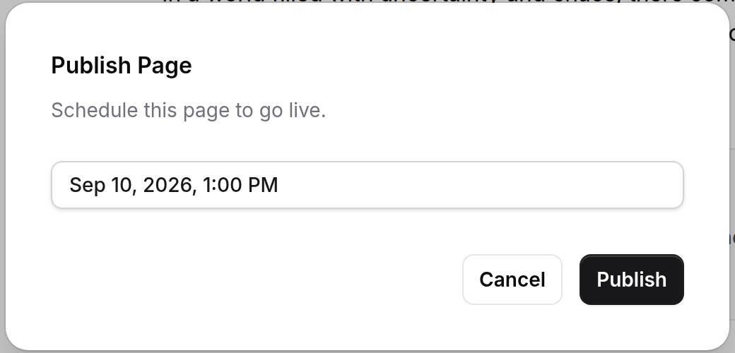 The Publish Page dialog with its date-and-time picker sitting on the next quarter-hour