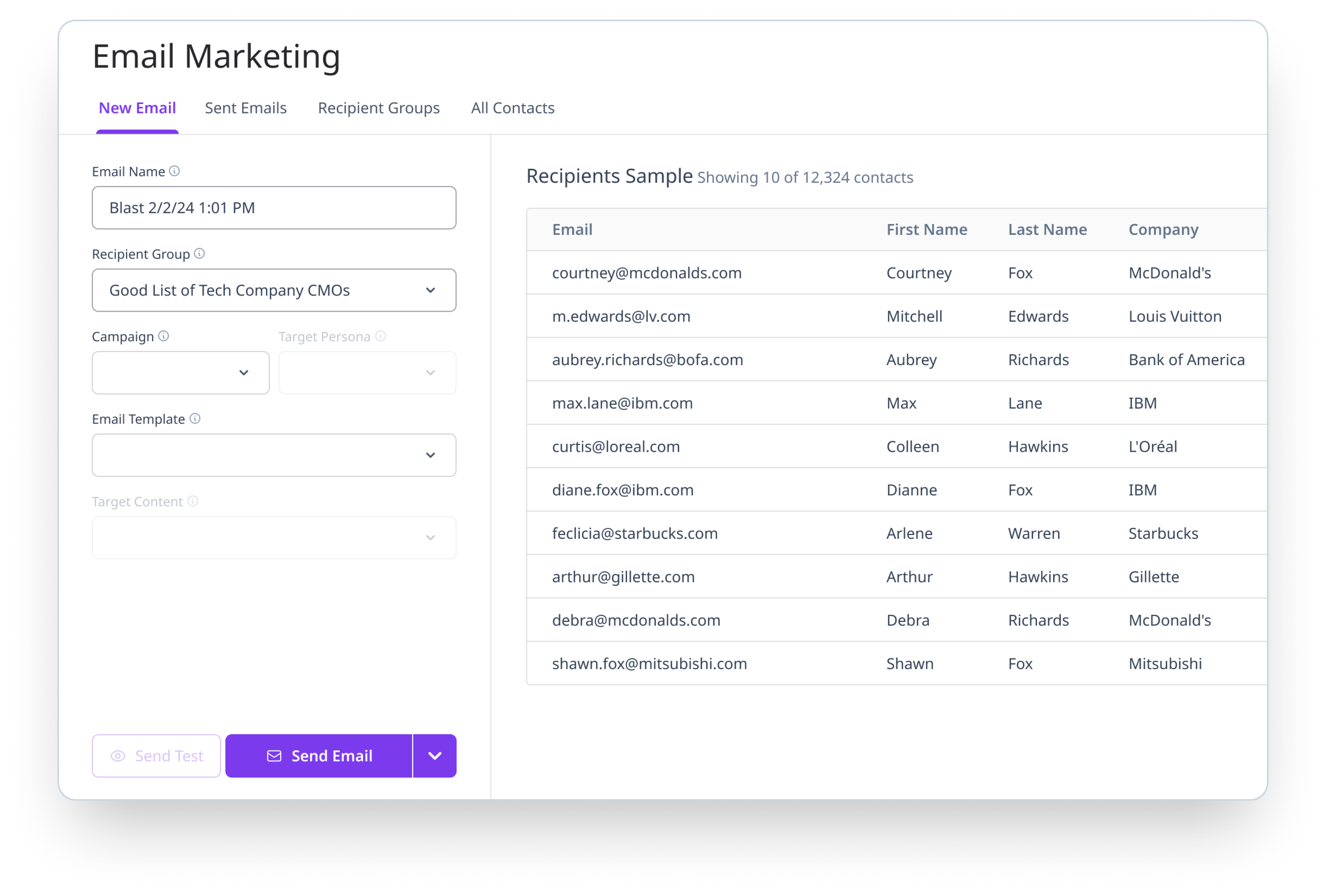 A screenshot of an email marketing tool displaying a list of contacts, including names, email addresses, and company names.