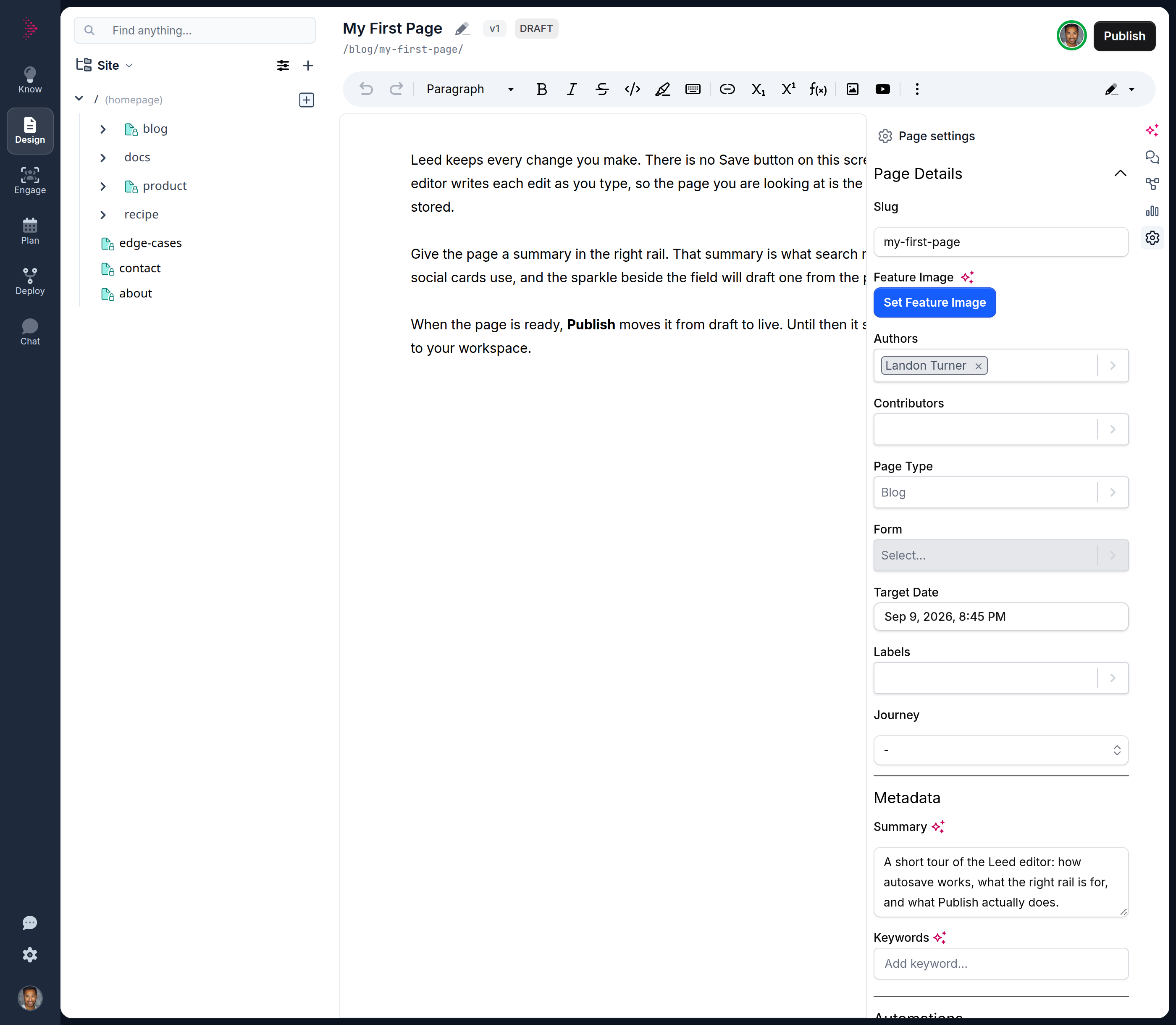 A new page in the editor: two-row document header, formatting toolbar, content on the canvas, and the Page settings rail open