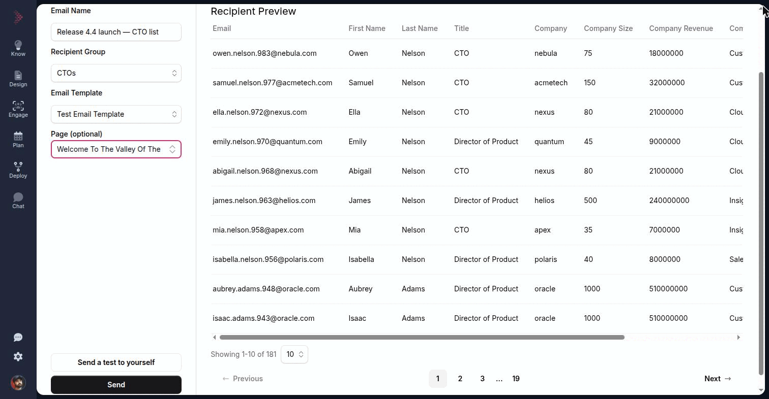 The New Email composer with all four fields filled and the Recipient Preview listing group members