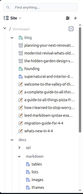 The Design tab's left panel showing the Site page tree, with folders expanded and rows in several states