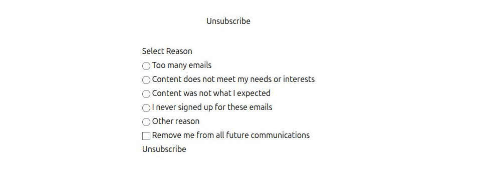 The default Leed unsubscribe page, showing five reason options, the do-not-contact checkbox and the Unsubscribe button