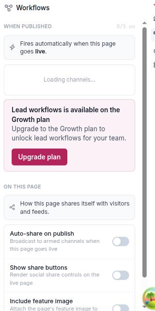 The page editor's right rail on the Workflows tab, showing the five channel rows and the three on-page behavior switches