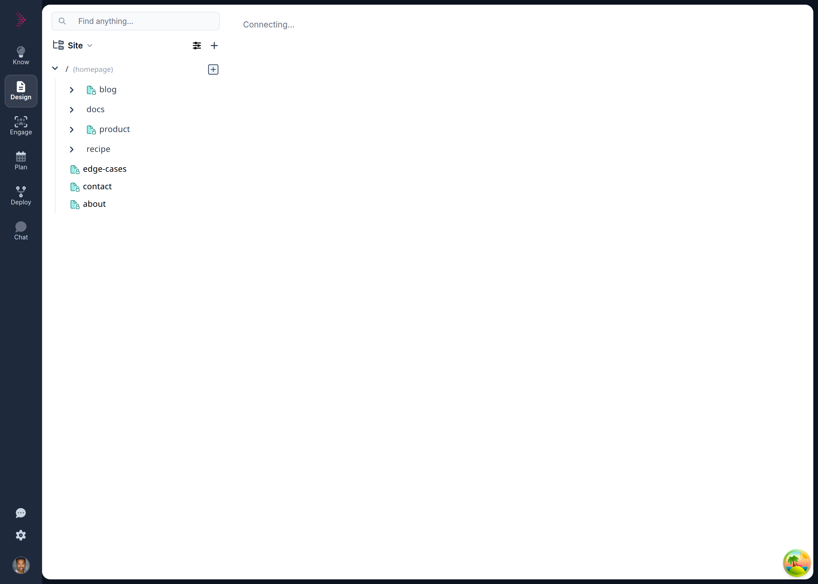 The editor canvas showing the Connecting… state with the document header already rendered