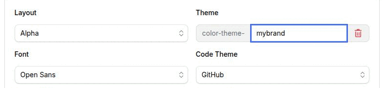 The Theme field in CMS Settings with the Custom option selected and a name typed into the free-text input