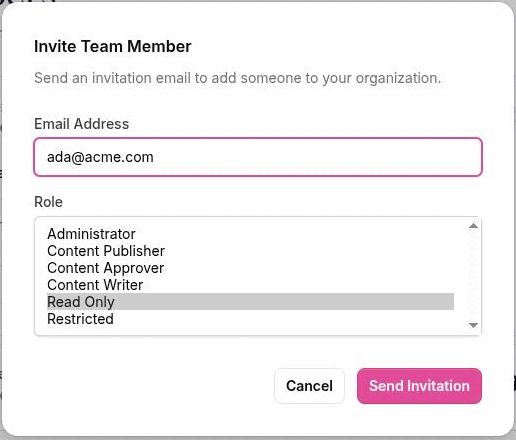 The Invite Team Member dialog with the Role select open