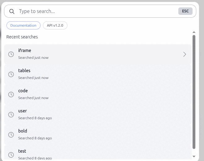 The search modal immediately after opening, with an empty input and a populated Recent searches list