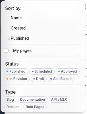 The page tree's filter popover, with sort, status pills, page-type pills and the My pages toggle