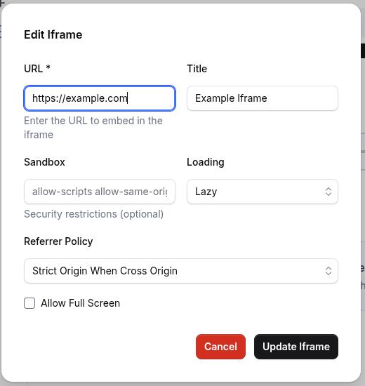 The iframe block settings with the src, title and size fields filled in and the sandbox, loading and referrer options visible