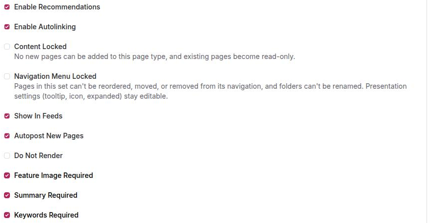 Settings → Page types with a type expanded, showing the Enable Recommendations checkbox beside the required-field controls