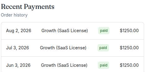 The Recent Payments panel listing dated orders with plan name, status badge and amount