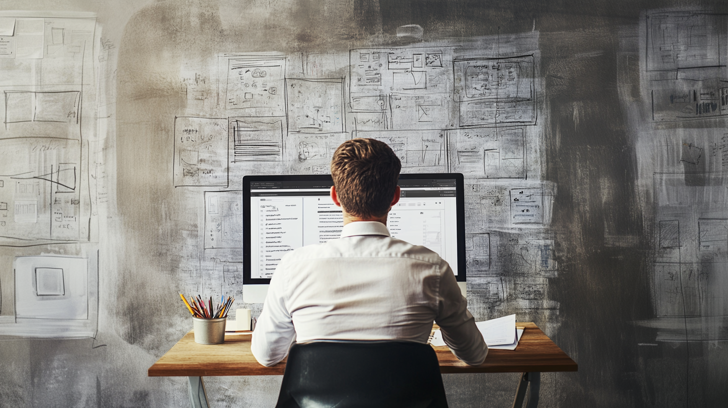 A man in a white shirt is sitting at a desk in front of a computer. He is working on a project, surrounded by various papers and a cup.