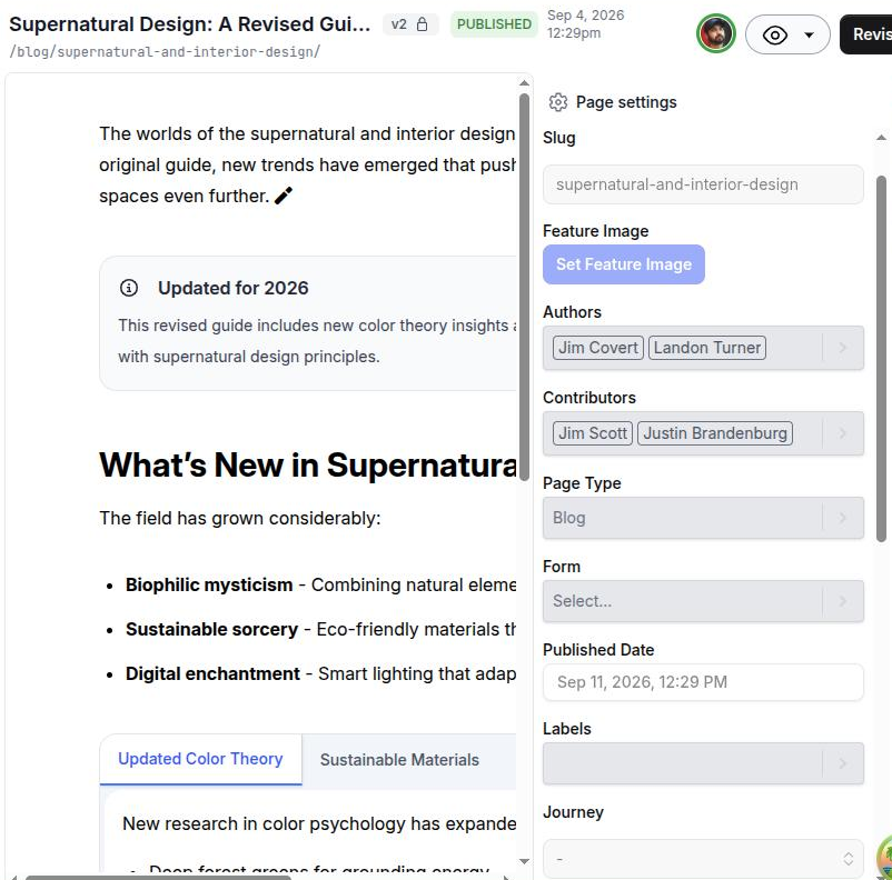 The editor's Page settings tab with the Page Details section open and the Slug field in focus