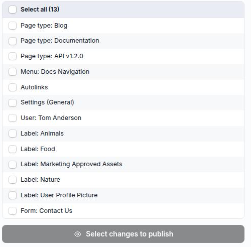 The Deploy screen's Pending changes card, with a page type row and a menu row ticked