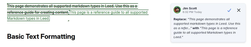 The page canvas after an AI result lands, showing the inserted text marked as a tracked addition and its accept/reject card in the Comments rail
