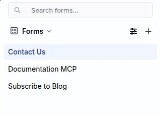 The Design tab with the Forms section active in the left panel, showing the search box, sort control, New form button and a list of forms with Contact Us selected