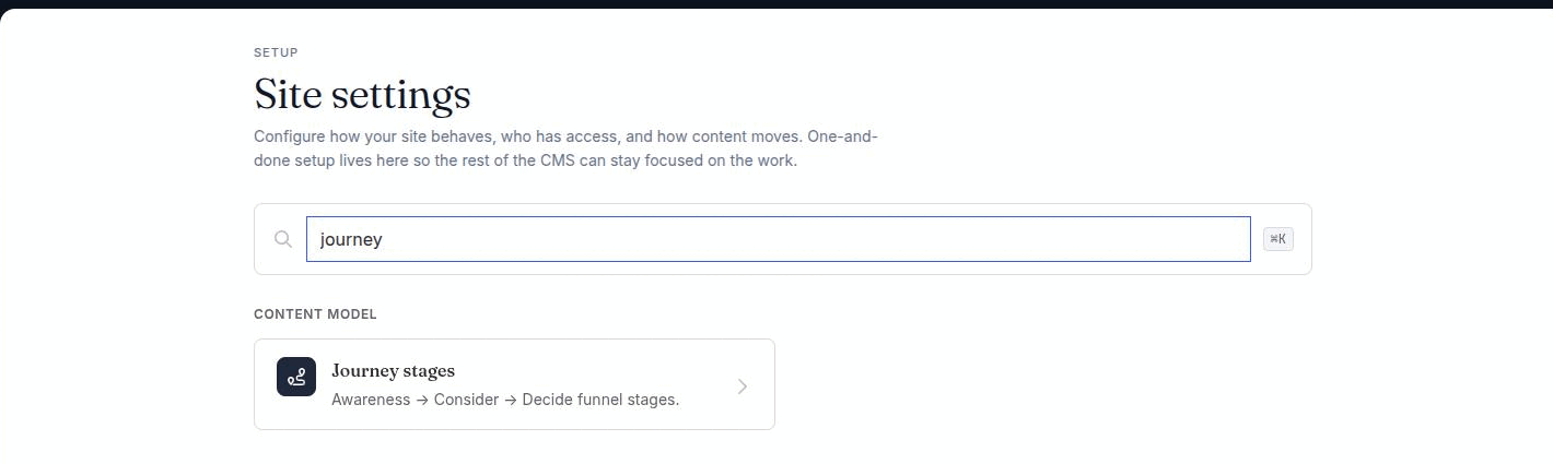 The Settings grid filtered to the single Journey stages card, with the search field holding the word journey