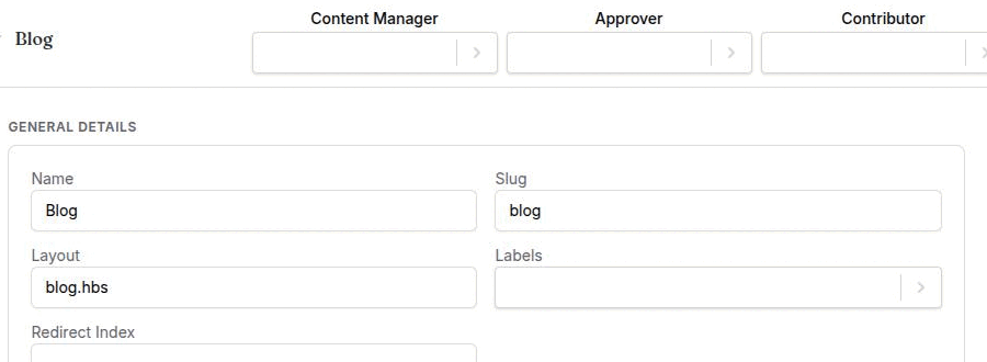 The CMS page-type editor with a non-documentation page type expanded, showing its name, slug and the Layout field populated with a layout filename