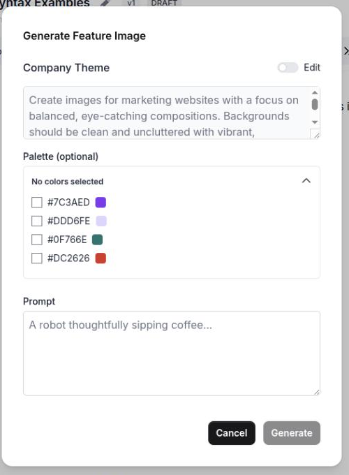 The Generate Feature Image dialog, with the Company Theme box filled in, two palette swatches ticked and a prompt typed