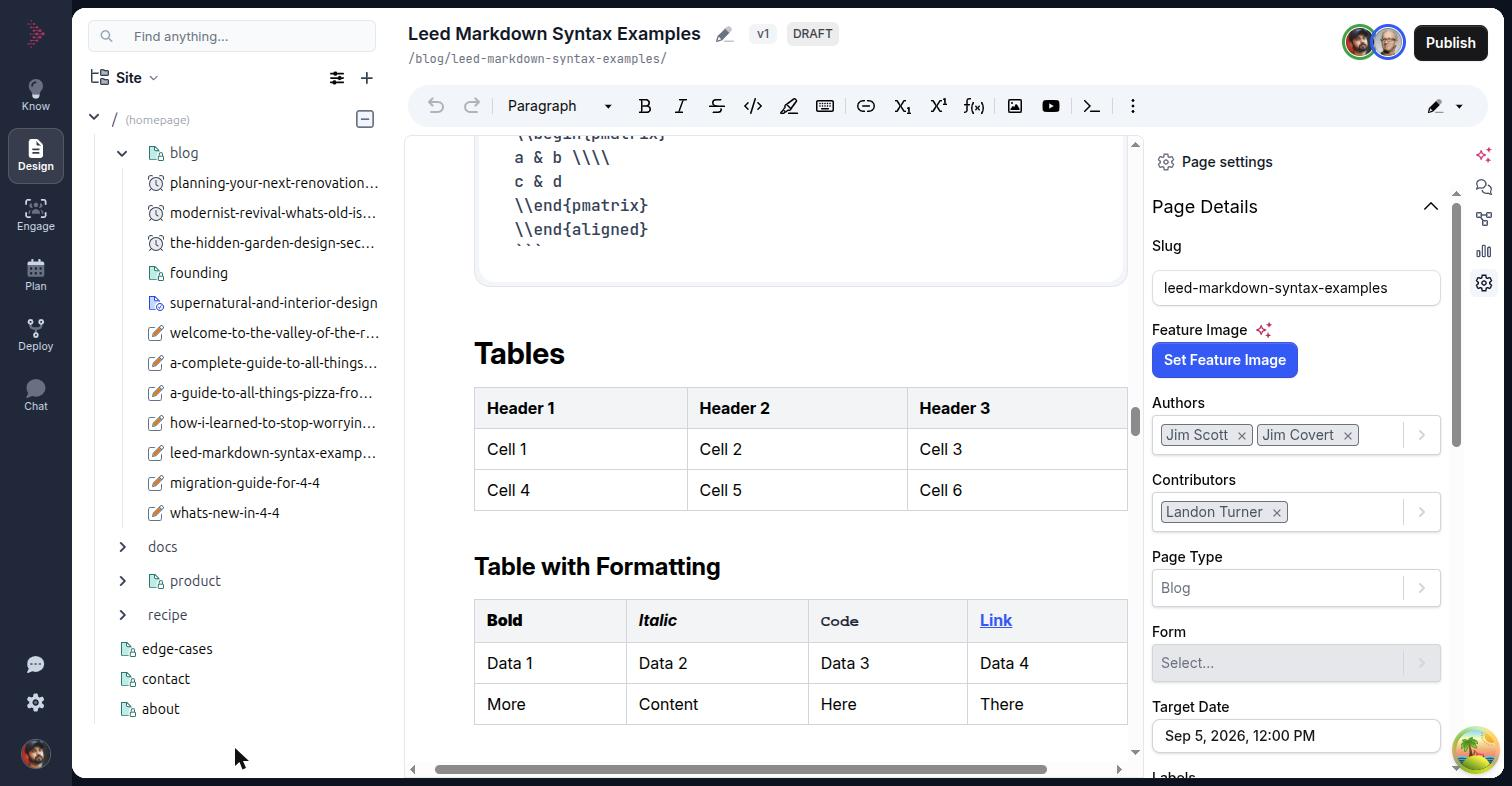 The page editor on a draft page, with both header rows, a rich widget in the canvas and the right rail open
