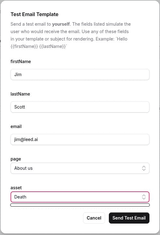 The Test Email Template dialog with all five fields filled in