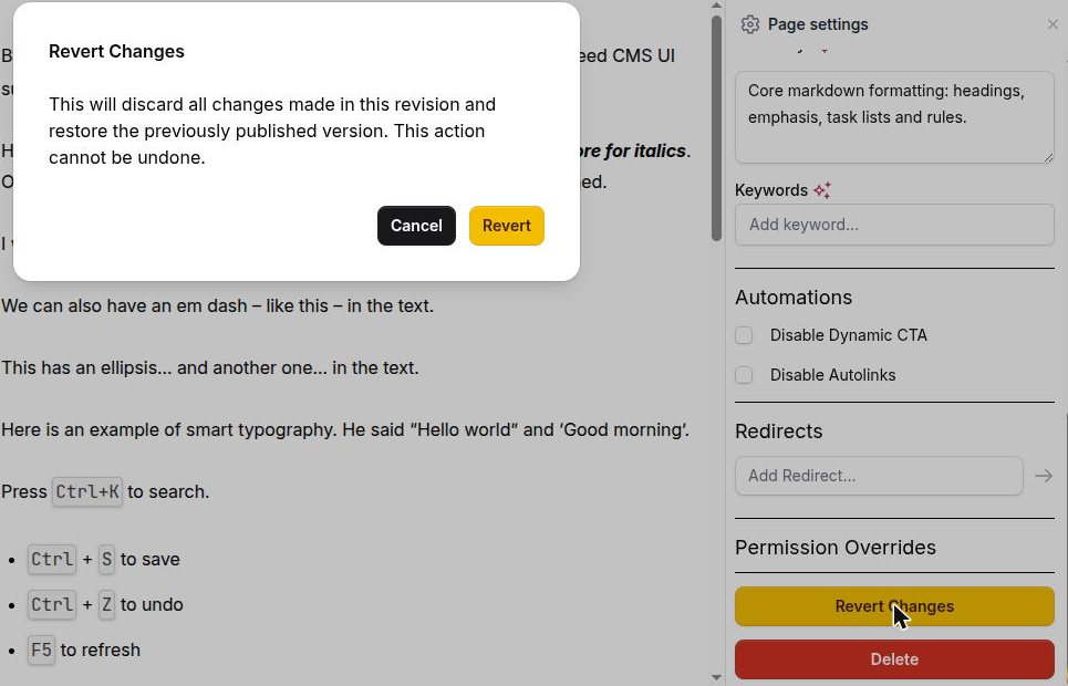 The Revert Changes confirmation, with the amber Revert Changes button visible behind it