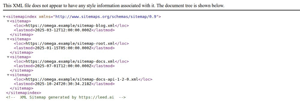 A browser rendering sitemap.xml, showing a sitemapindex root with several sitemap entries whose loc values are per-page-type sitemap URLs, each with a lastmod