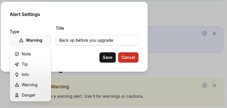 The Alert Settings dialog with the Type dropdown open